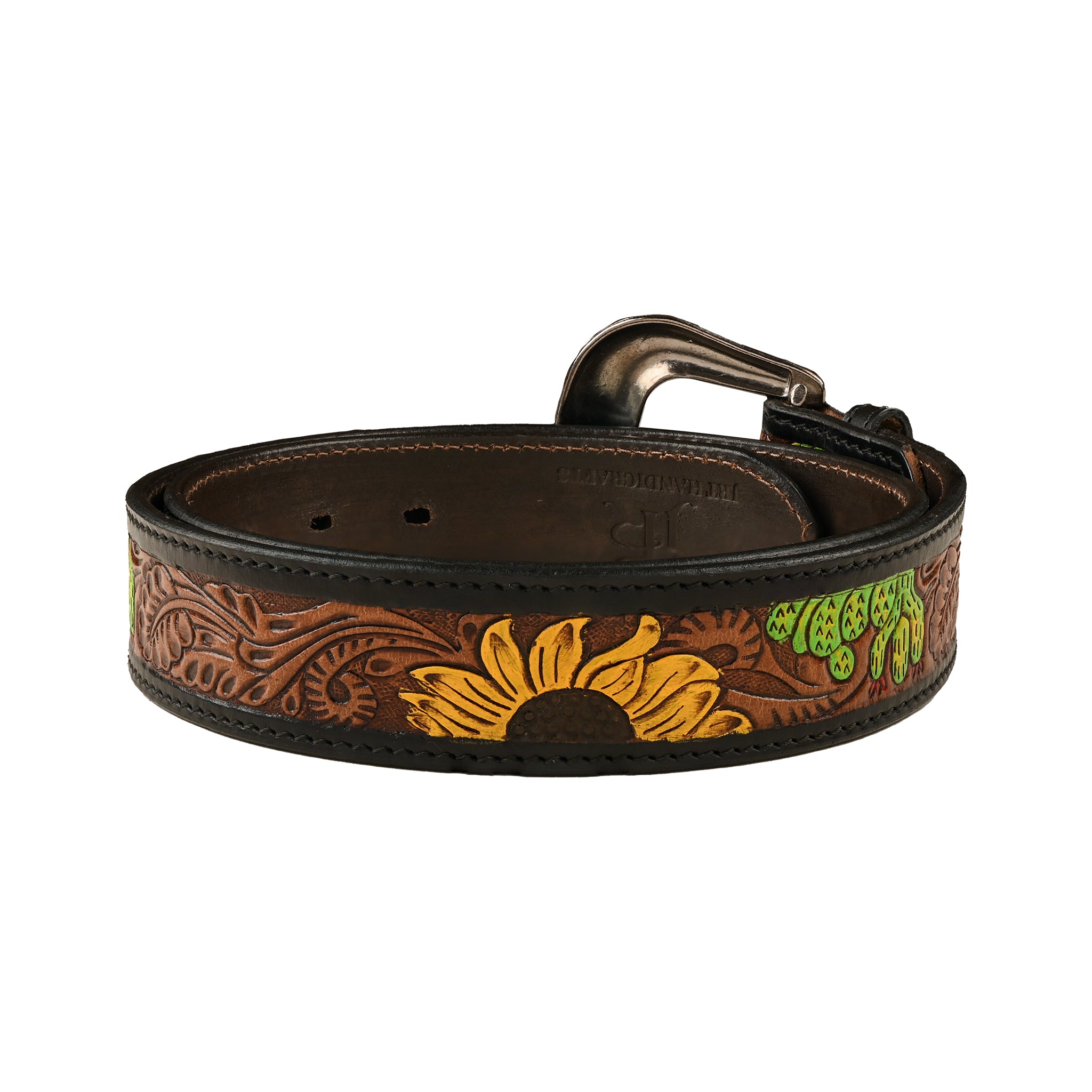 Boho Sunflower Tooled Women's Leather Belt with Copper Buckle