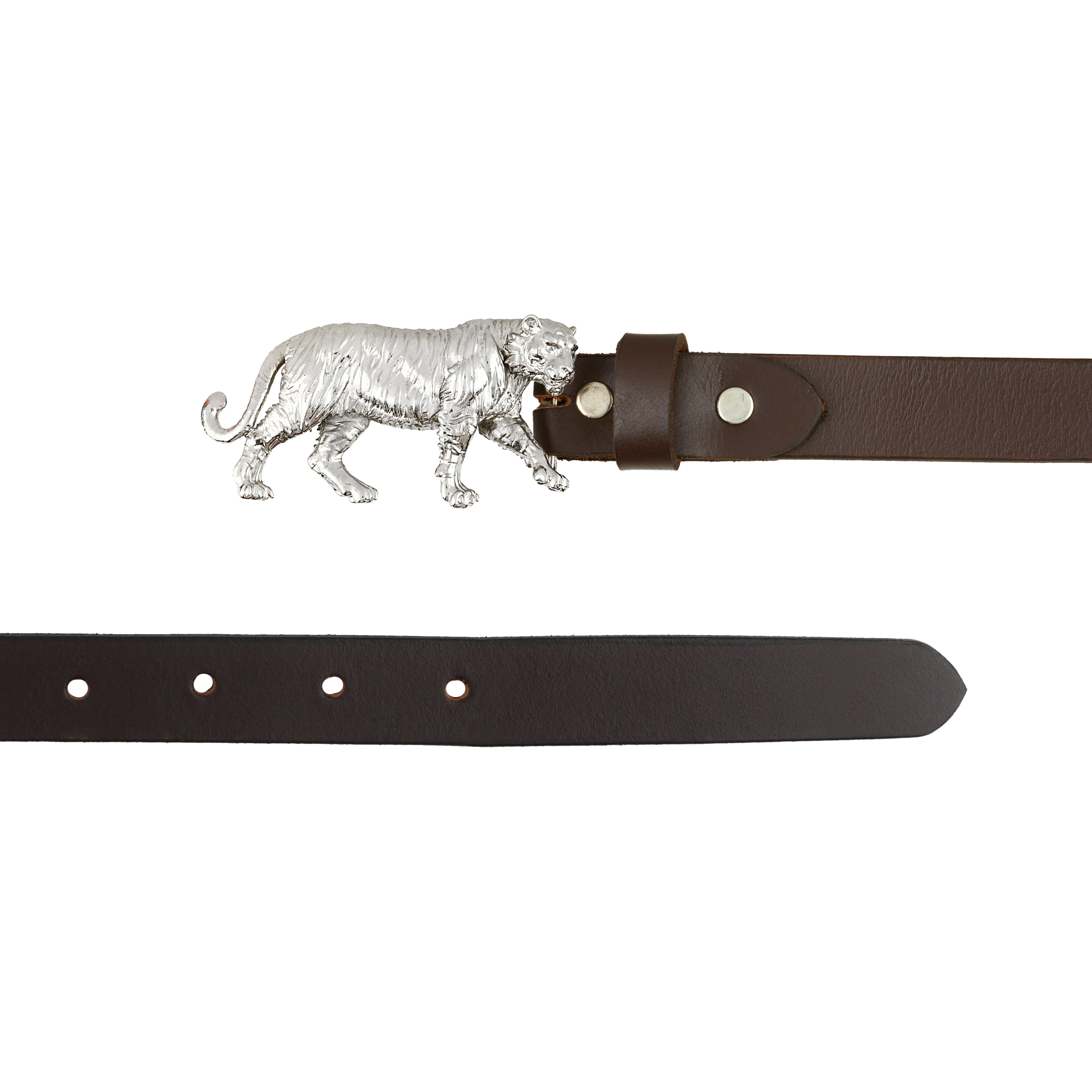 Handcrafted Tiger Motif Silver Plated Leather Belt