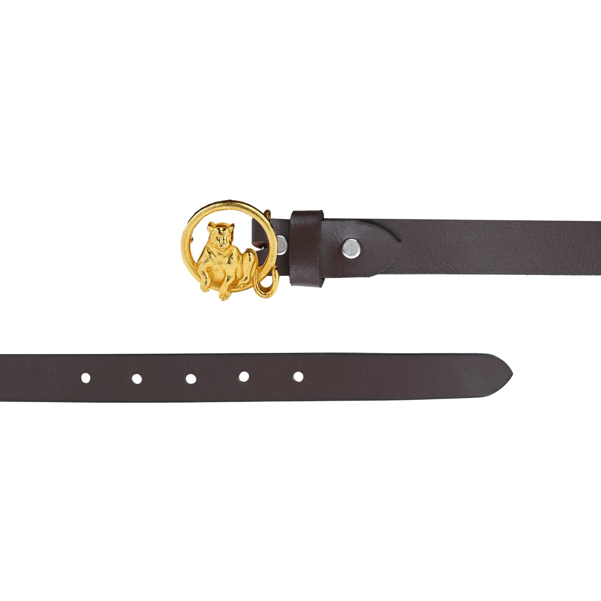 Slim Leather Belt with Gold Plated Leopard Tree Bark Ring Buckle