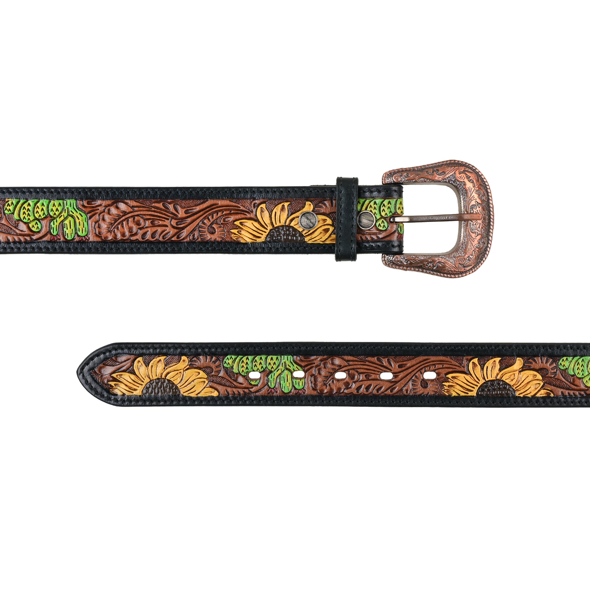 Boho Sunflower Tooled Women's Leather Belt with Copper Buckle