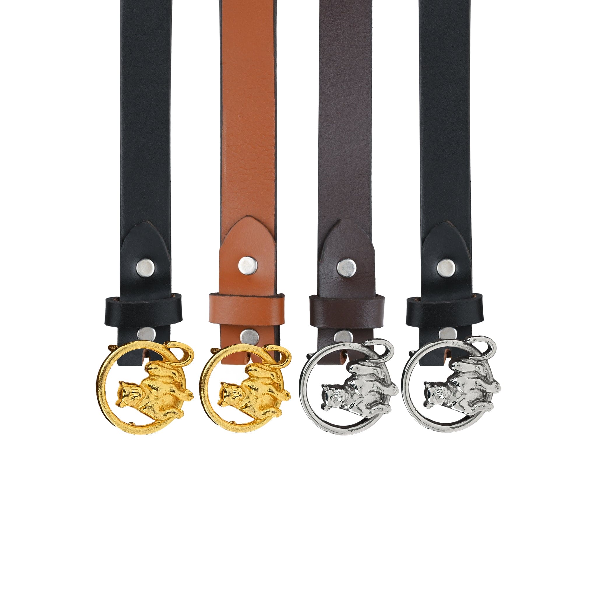 Slim Leather Belt with Gold Plated Leopard Tree Bark Ring Buckle