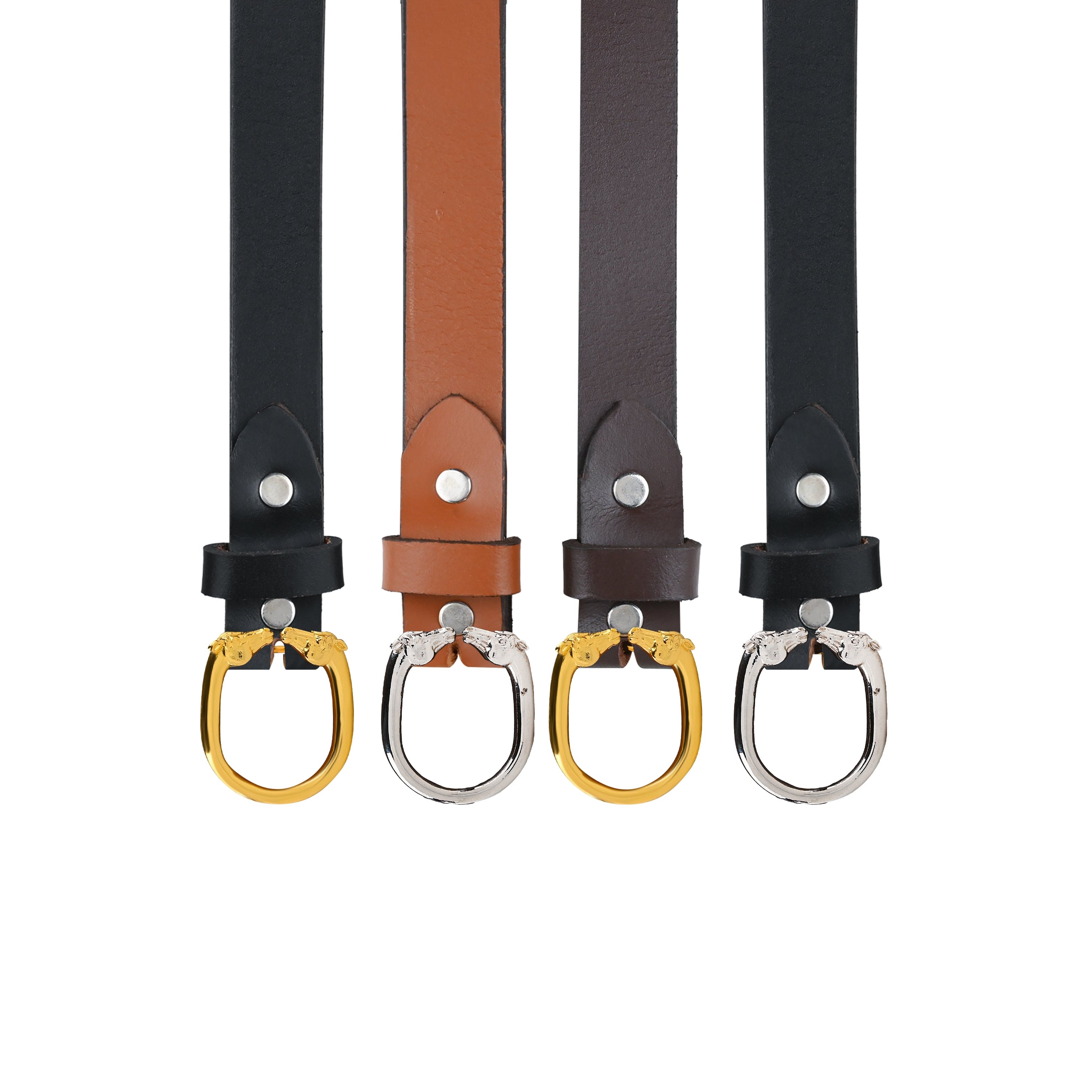 Vintage Leather Belt with Dual Horse Head Oval Gold Plated Buckle