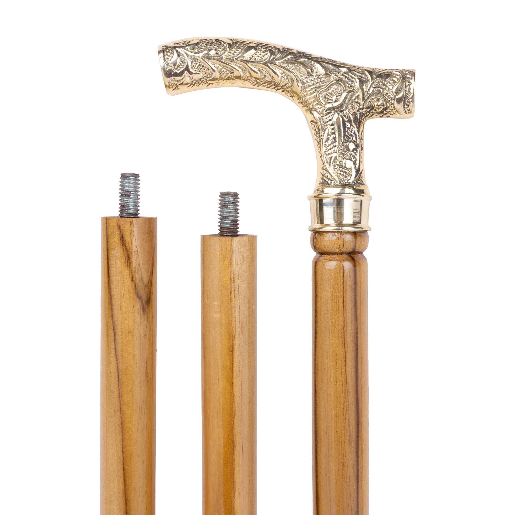 Handcrafted Teak Wood Folding Walking Stick with Ornate Brass T-Handle
