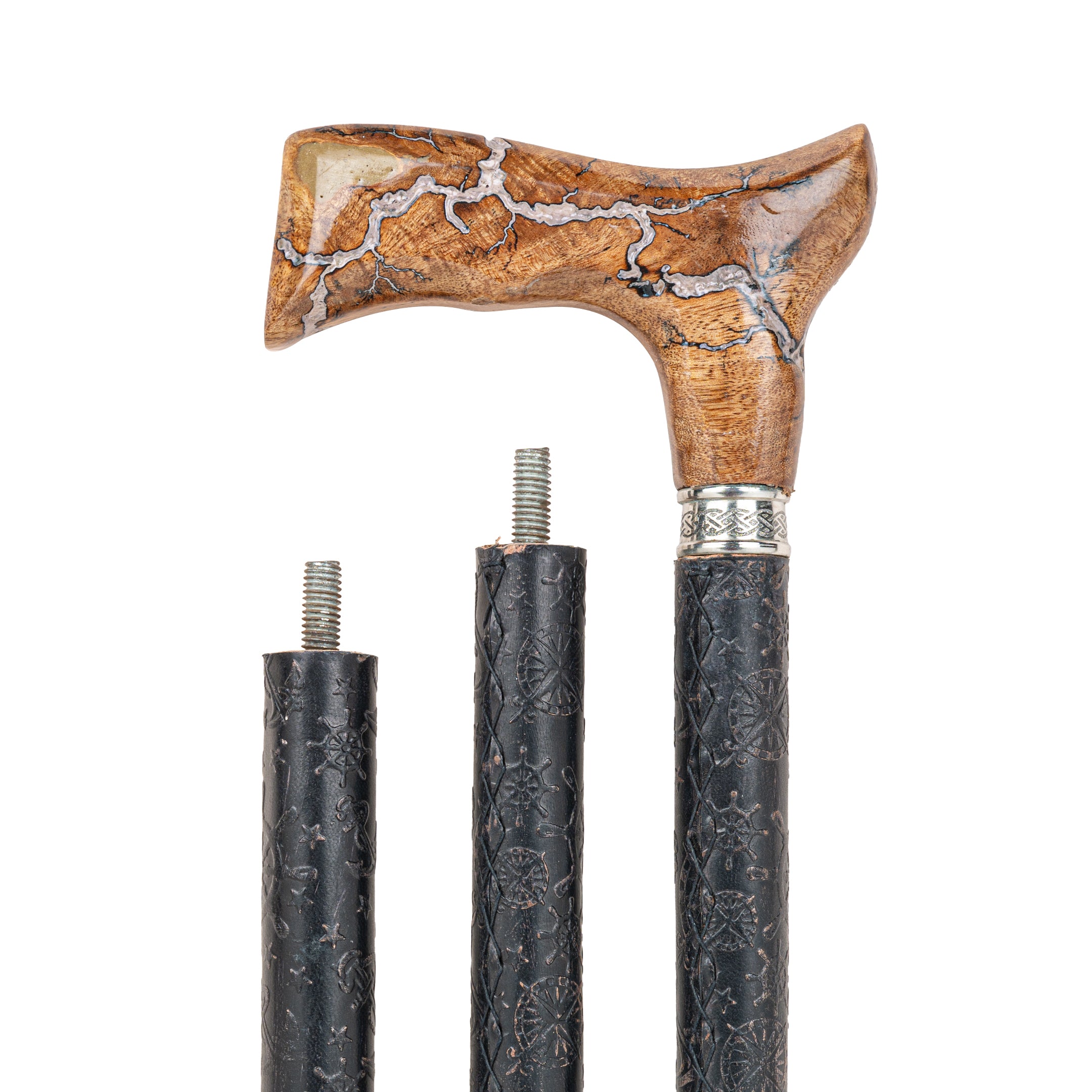 Handcrafted Beechwood Folding Walking Stick with Exotic Wood Derby Handle & Leather Grip