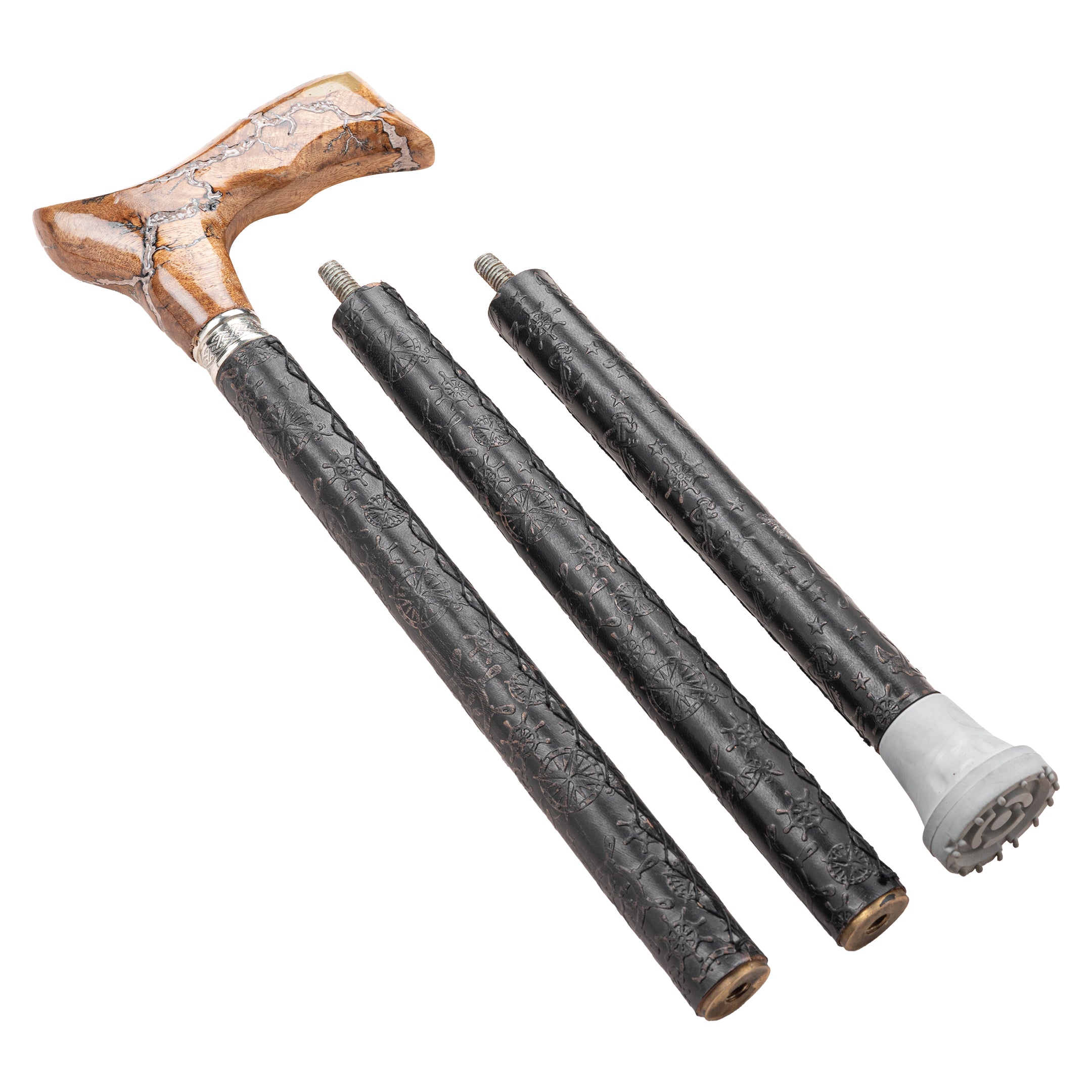 Handcrafted Beechwood Folding Walking Stick with Exotic Wood Derby Handle & Leather Grip