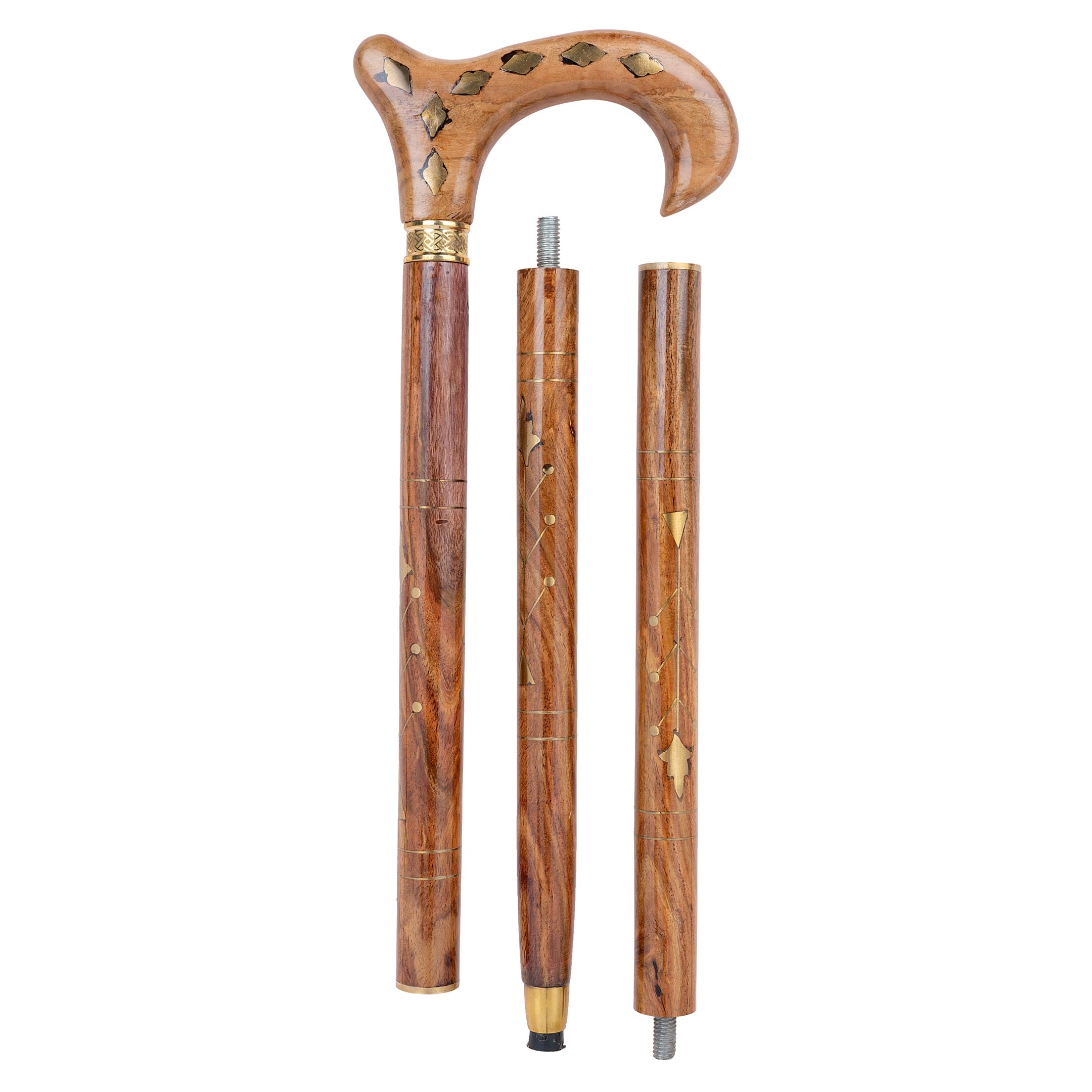 Brass Inlay Handcrafted Indian Rosewood Natural Polish Walking Stick