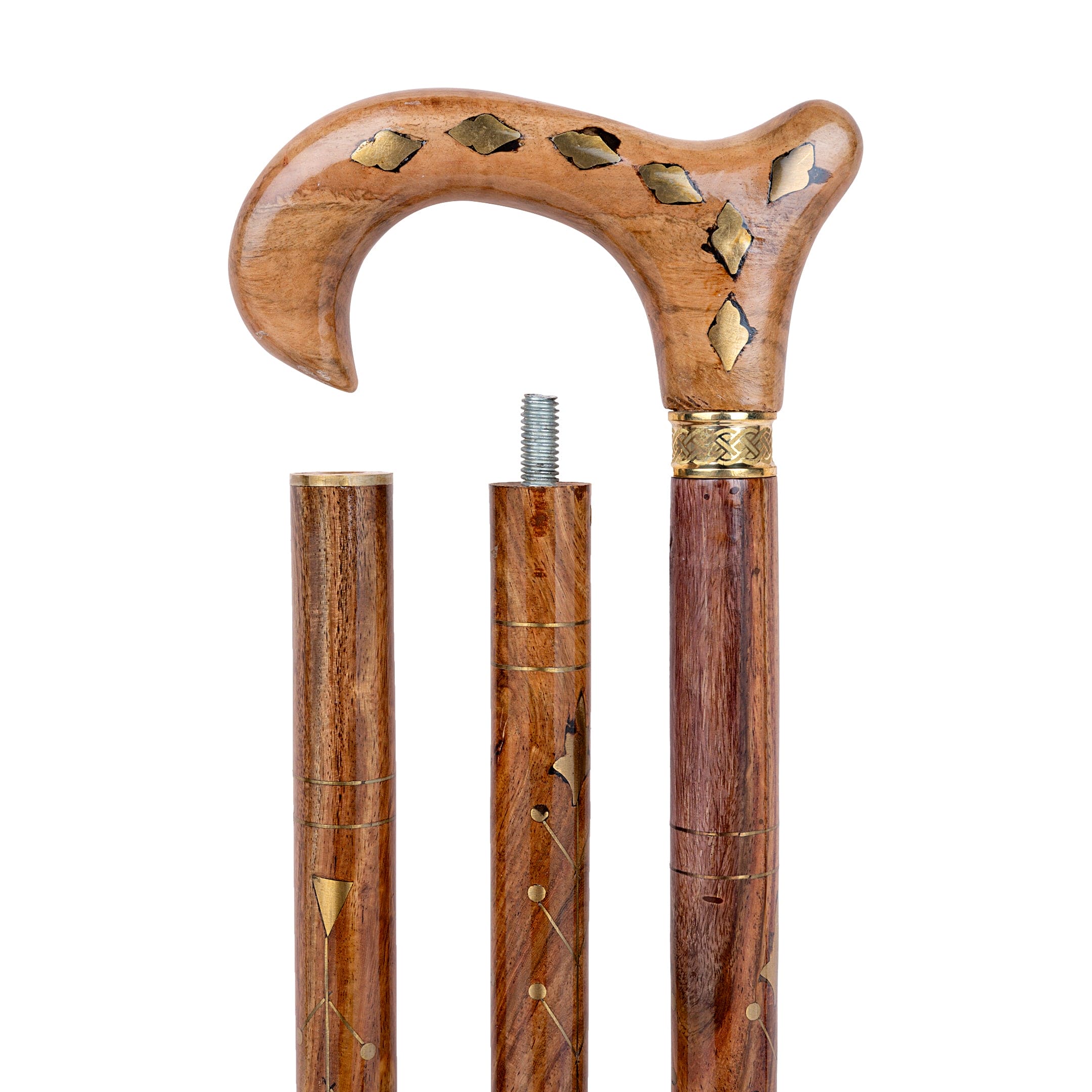 Brass Inlay Handcrafted Indian Rosewood Natural Polish Walking Stick