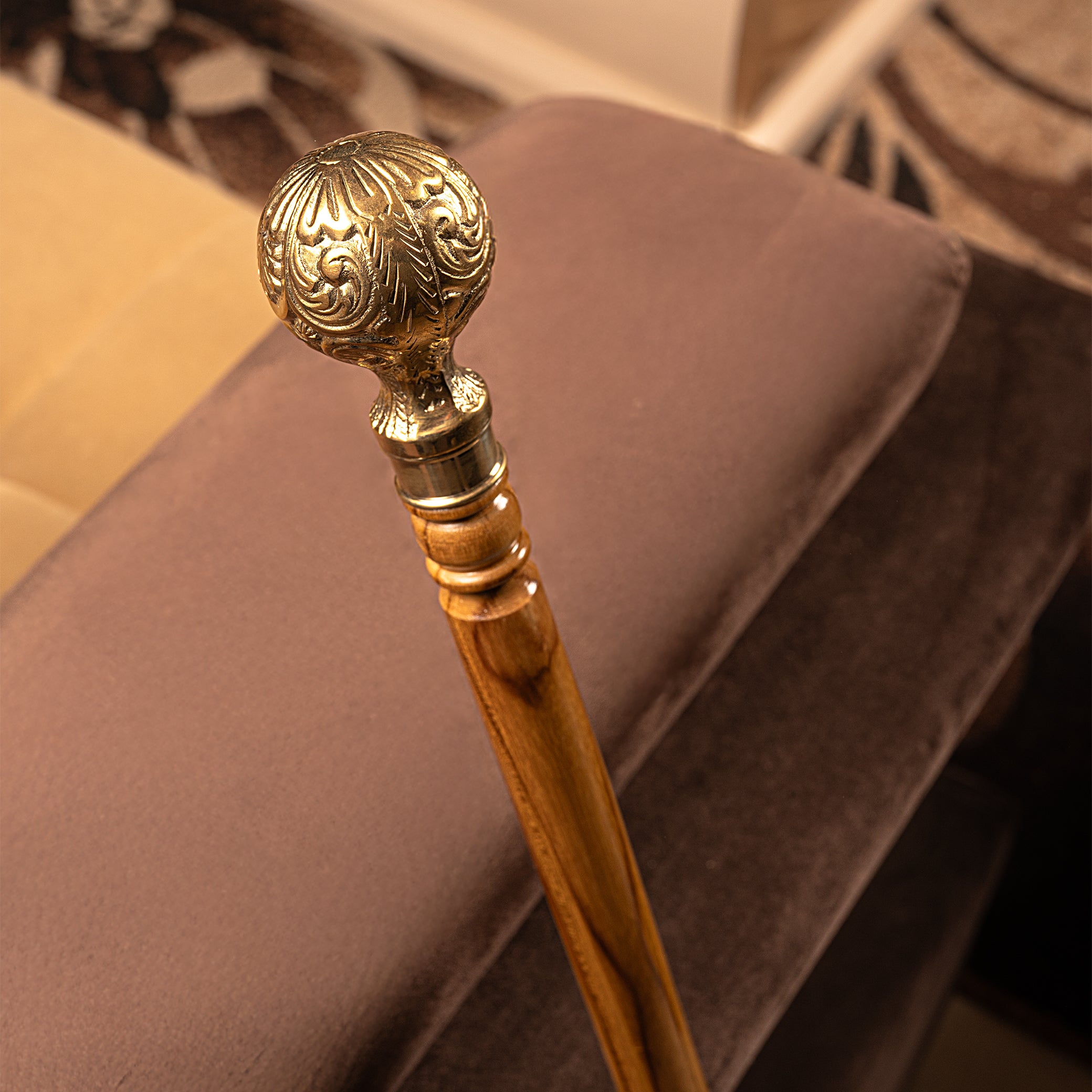 Regal Handcrafted Teak Natural Polish Walking Stick with Ornate Brass Knob Handle