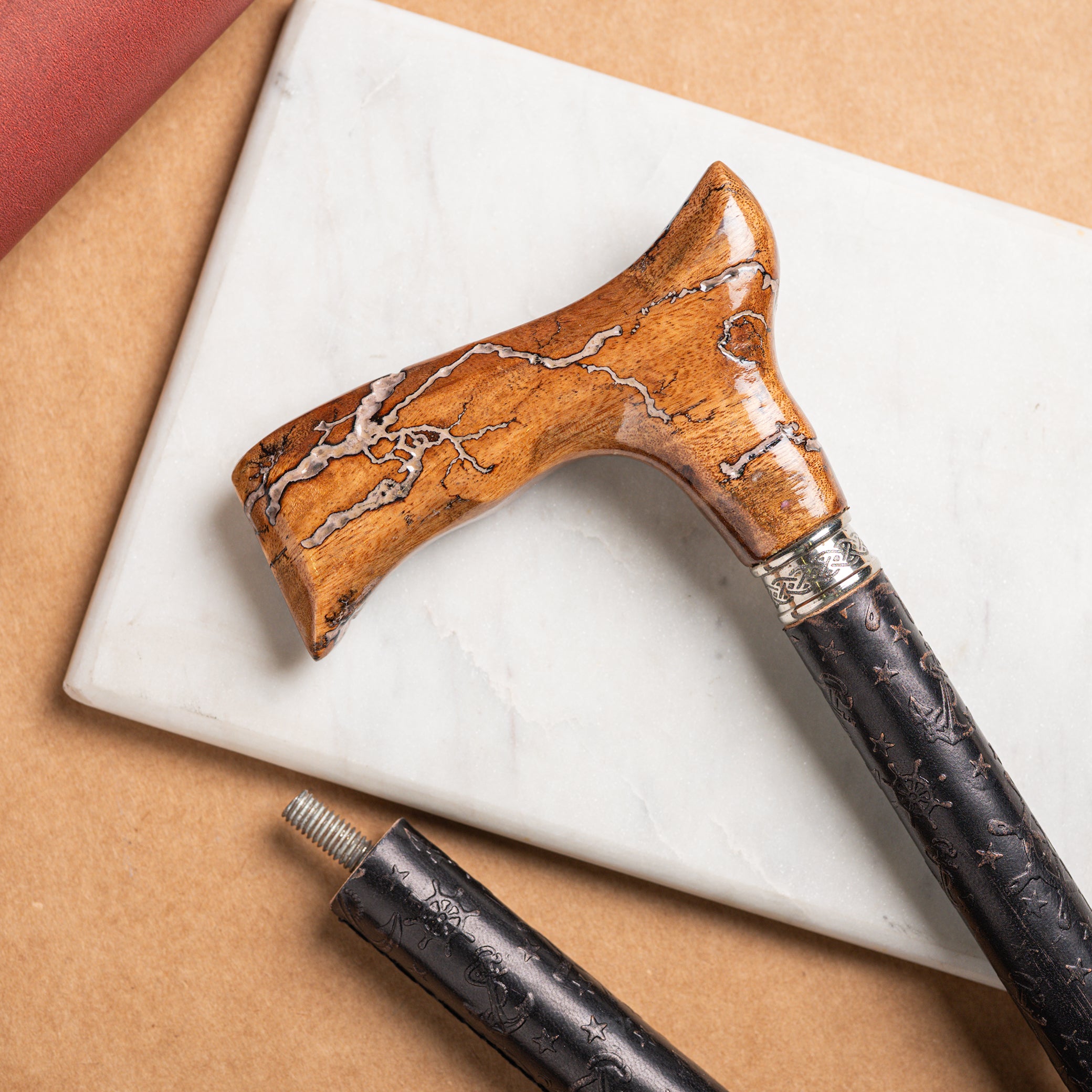 Handcrafted Beechwood Folding Walking Stick with Exotic Wood Derby Handle & Leather Grip