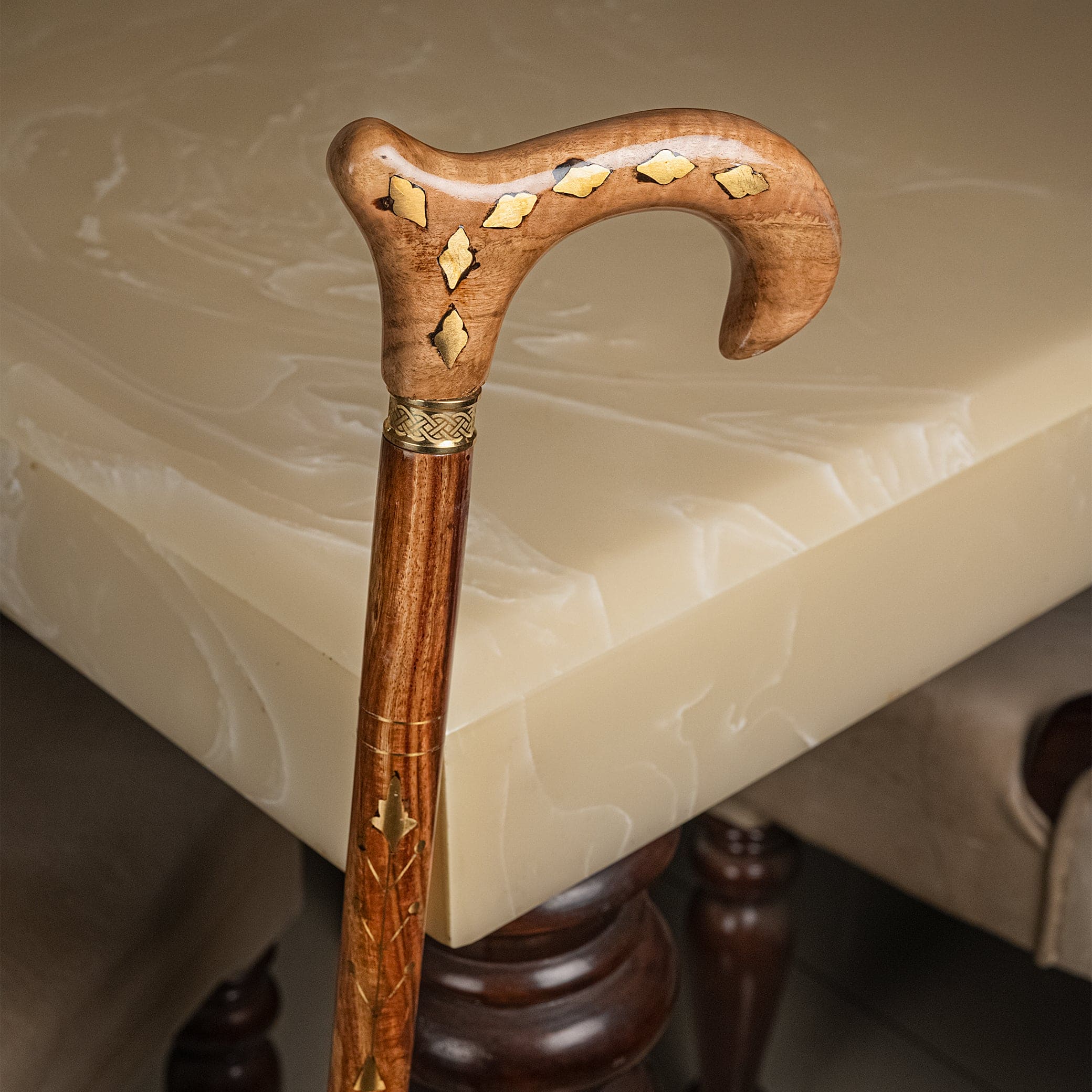 Brass Inlay Handcrafted Indian Rosewood Natural Polish Walking Stick