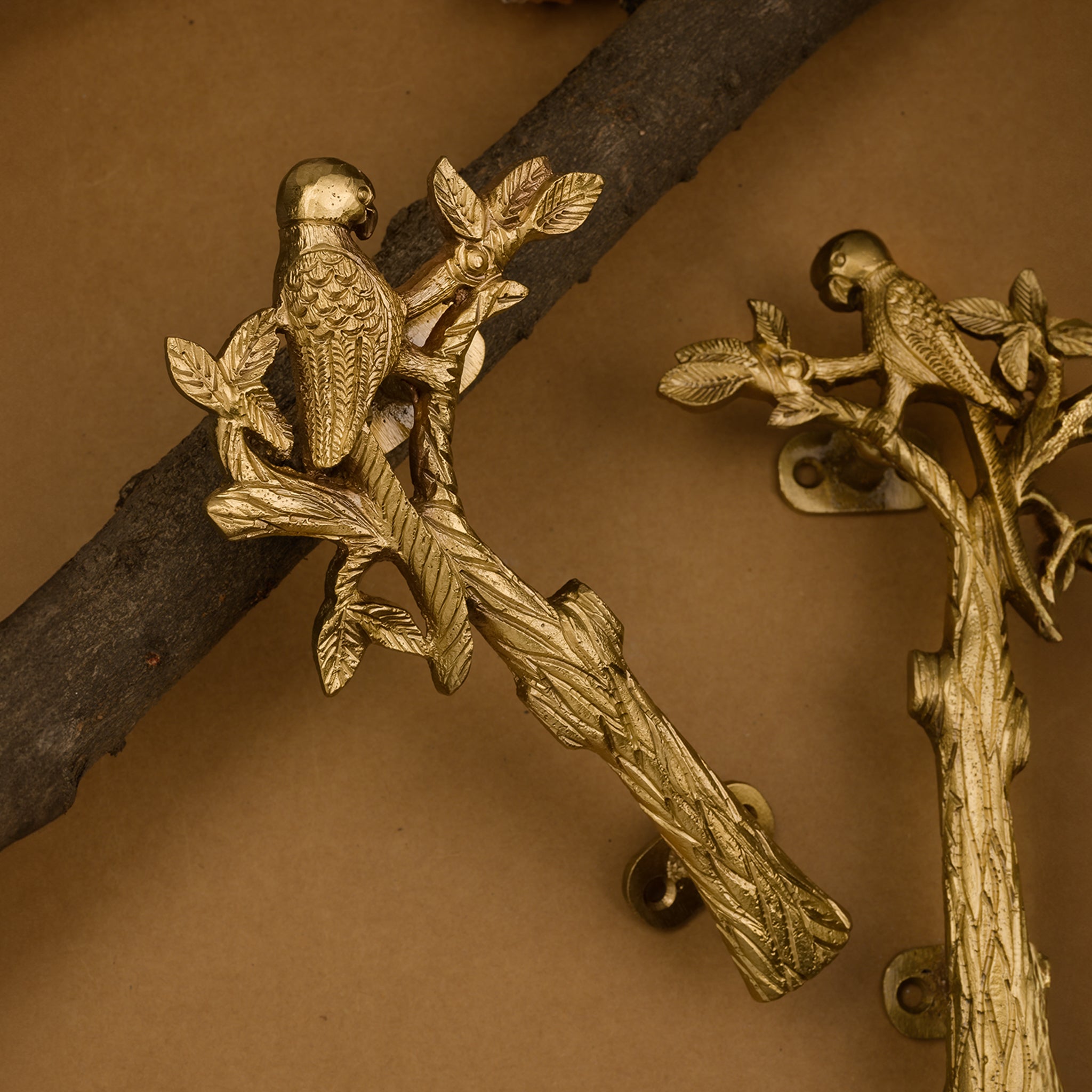 Vintage Brass Door Handles – Bird Sitting on Tree Branch Motif
