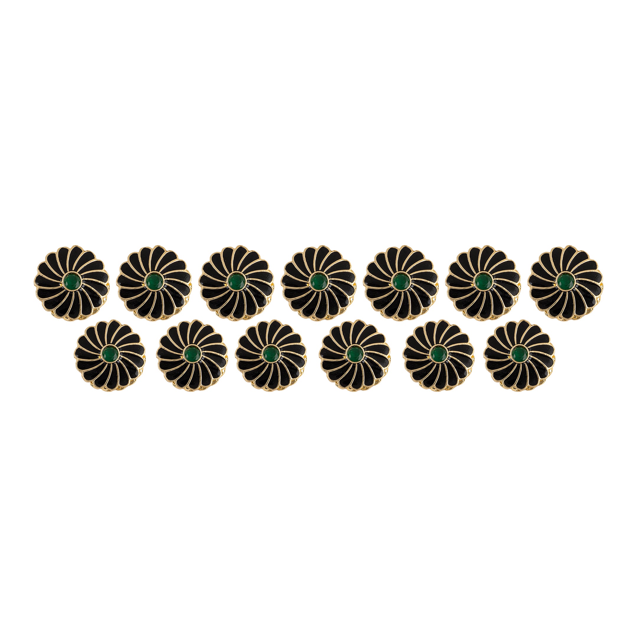 Handcrafted Black Enamel Petal Emerald Gold Plated Button