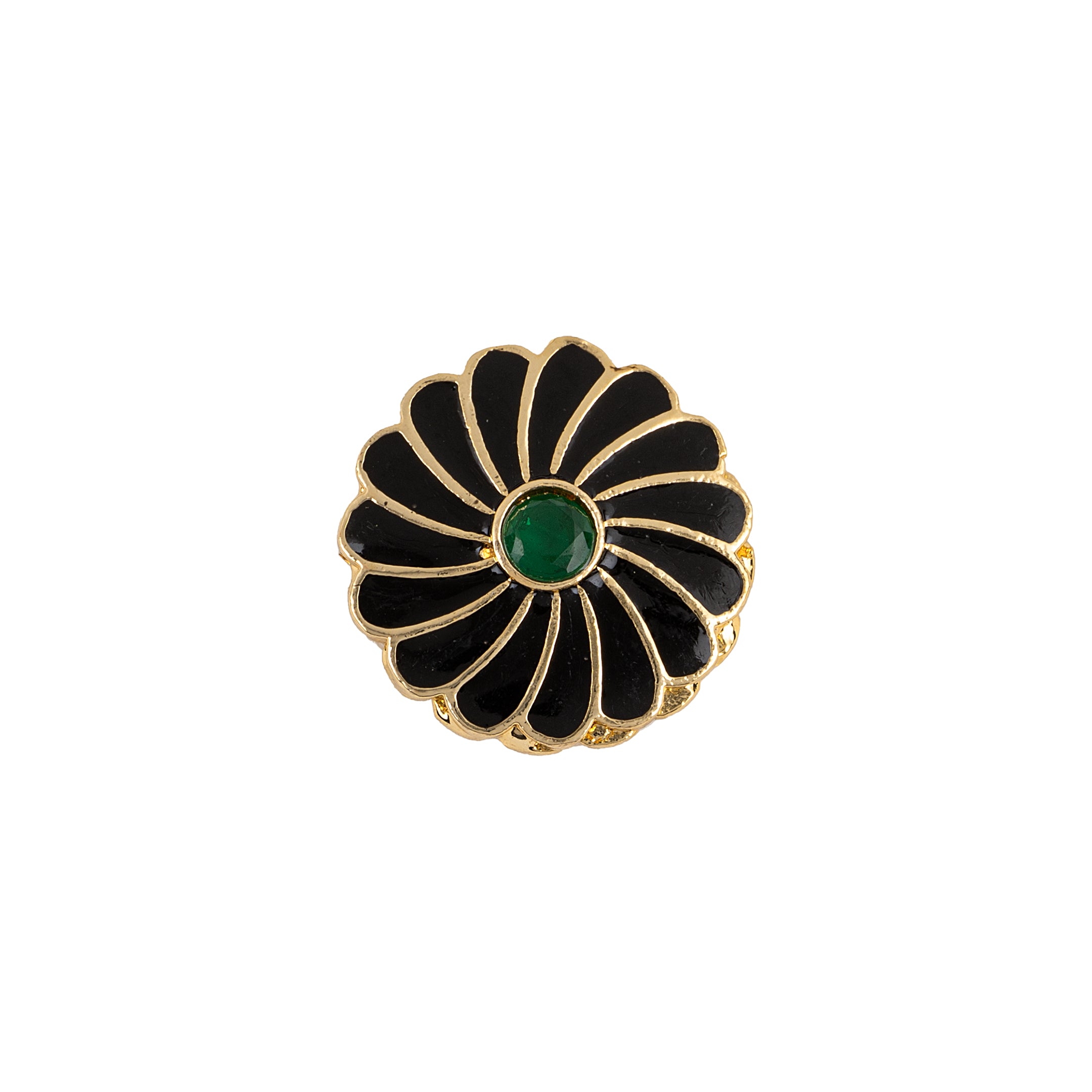 Handcrafted Black Enamel Petal Emerald Gold Plated Button