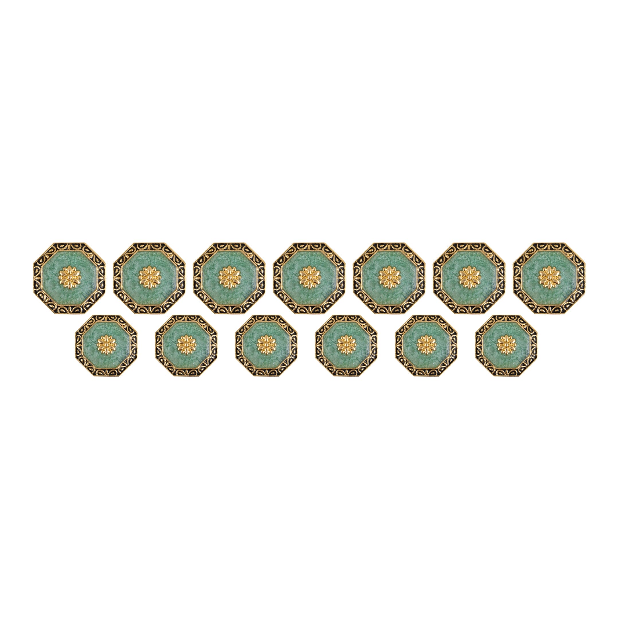 Jade Green Floral Paisley Black Enamel Octagonal Gold Plated Suit Buttons
