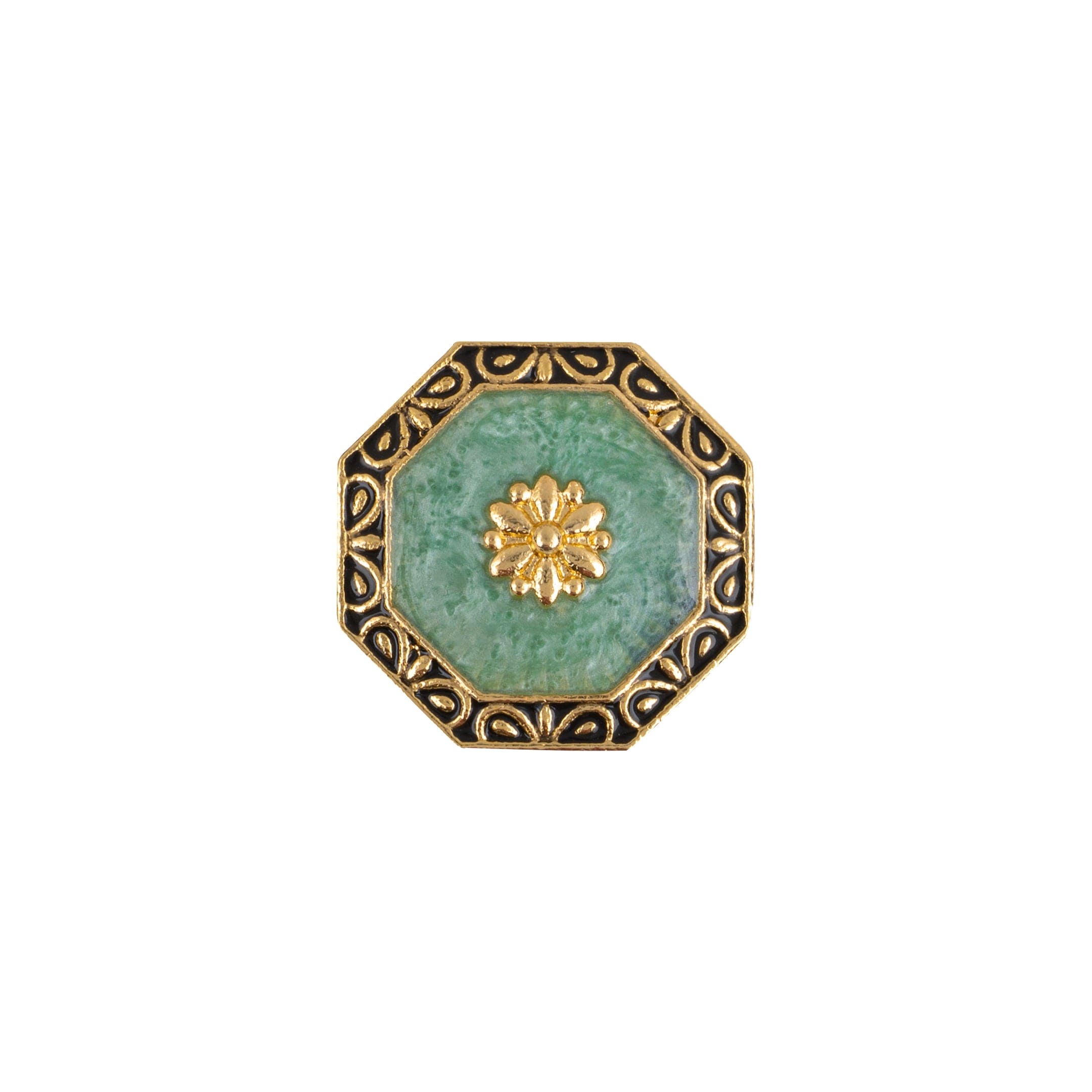 Jade Green Floral Paisley Black Enamel Octagonal Gold Plated Suit Buttons
