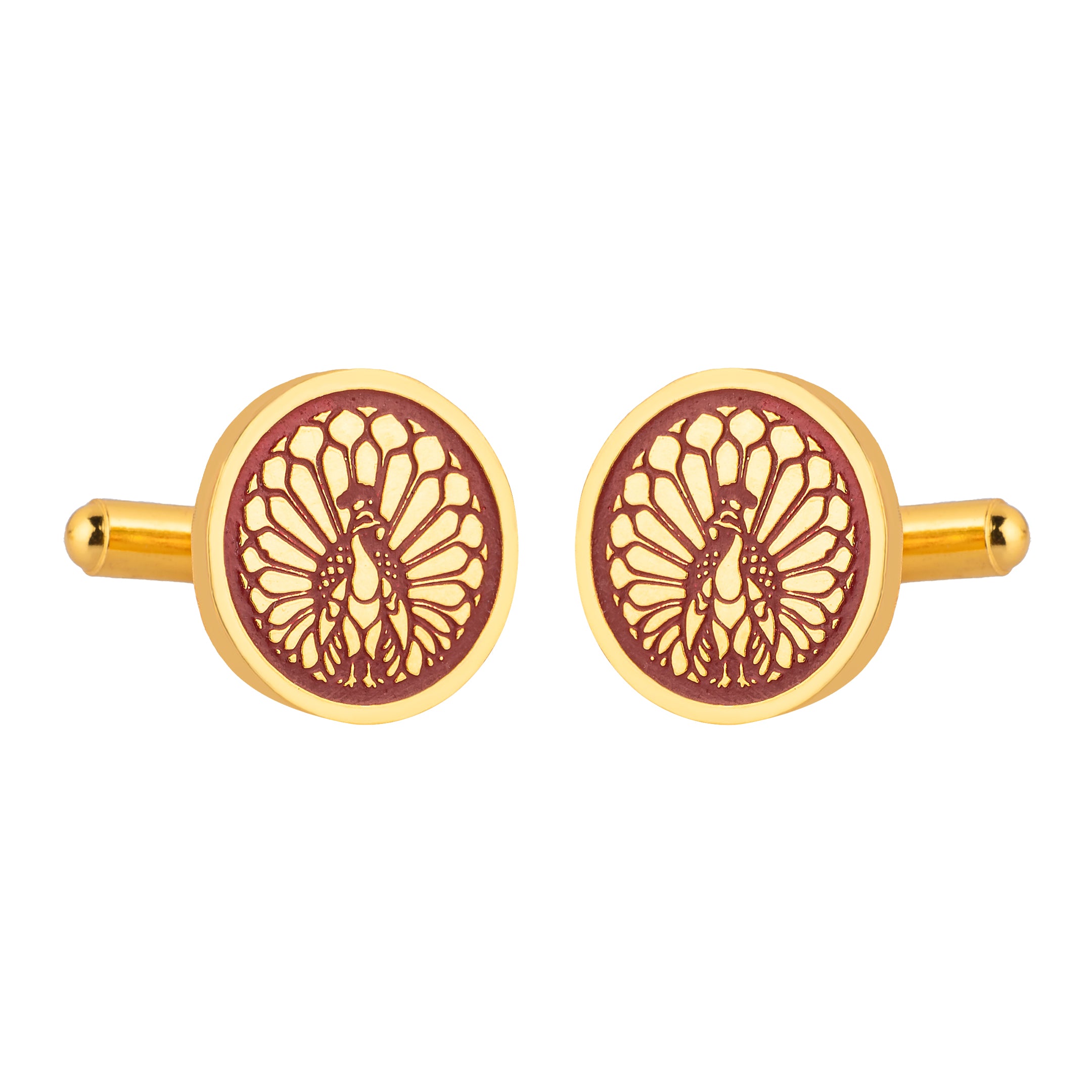 Majestic Indian Peacock Red Enamel Gold Plated Cufflinks