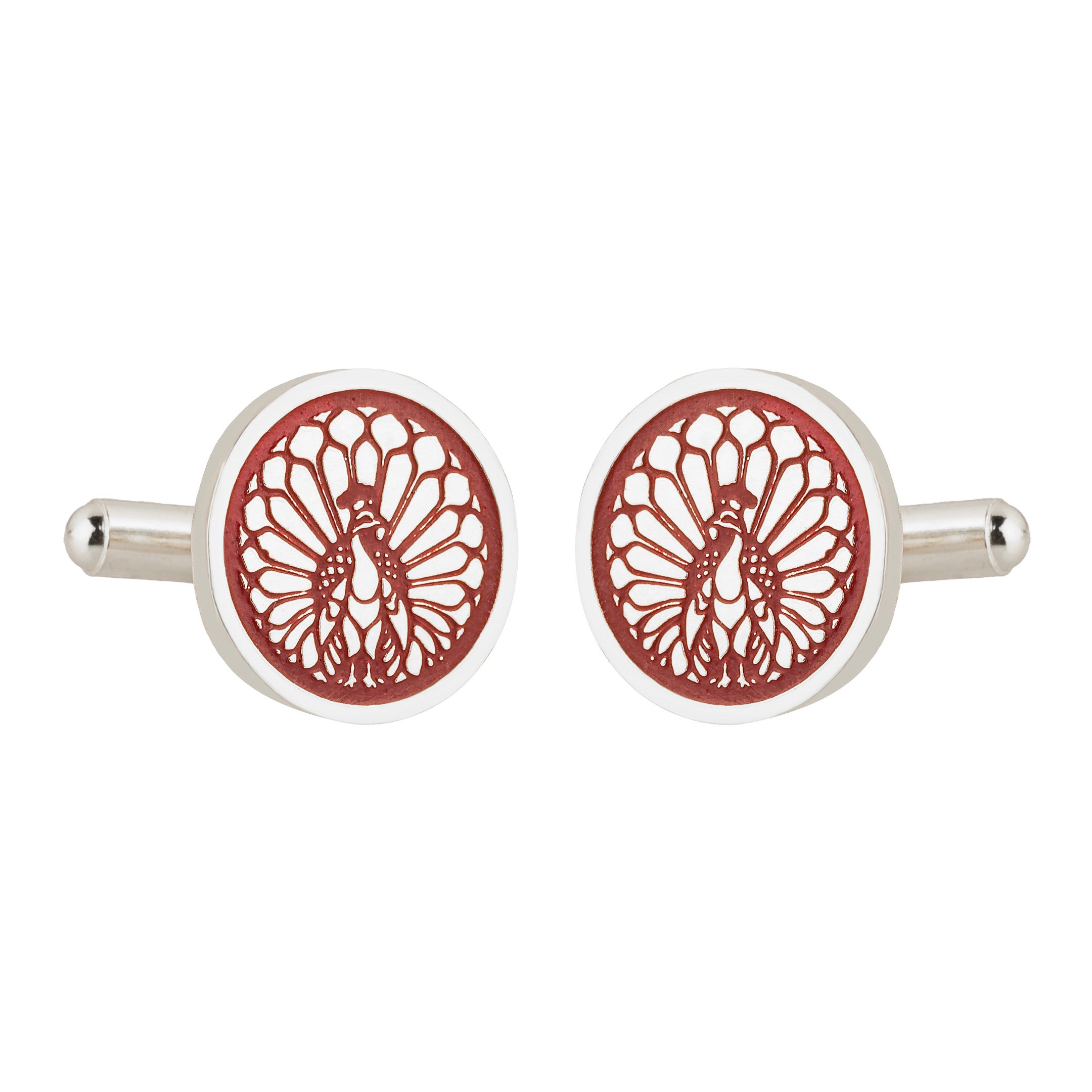 Majestic Indian Peacock Red Enamel Silver Plated Cufflinks