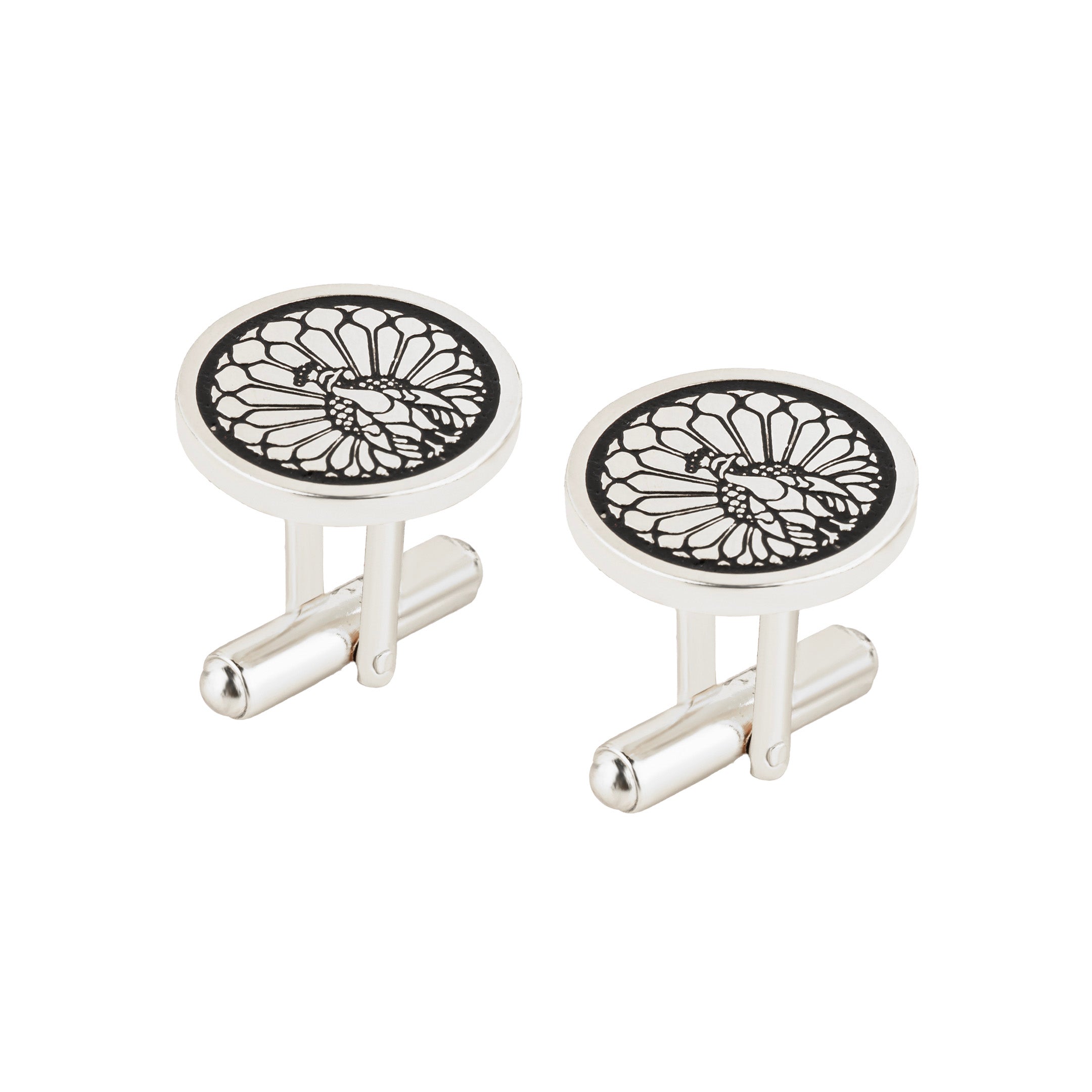 Majestic Indian Peacock Black Enamel Silver Plated Cufflinks