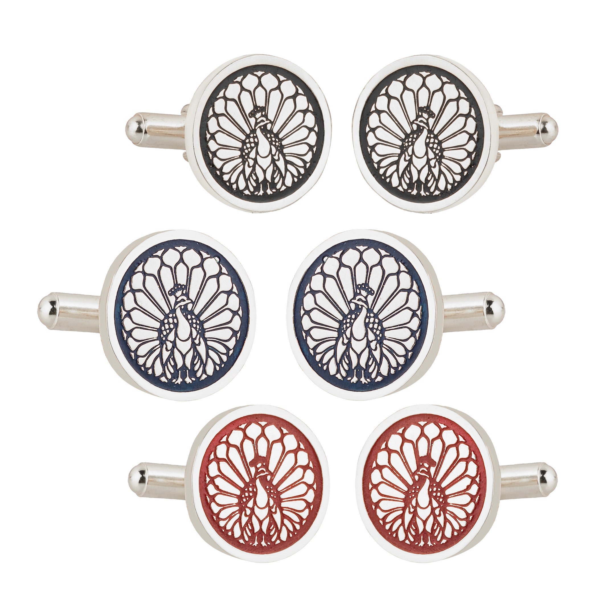 Majestic Indian Peacock Black Enamel Silver Plated Cufflinks