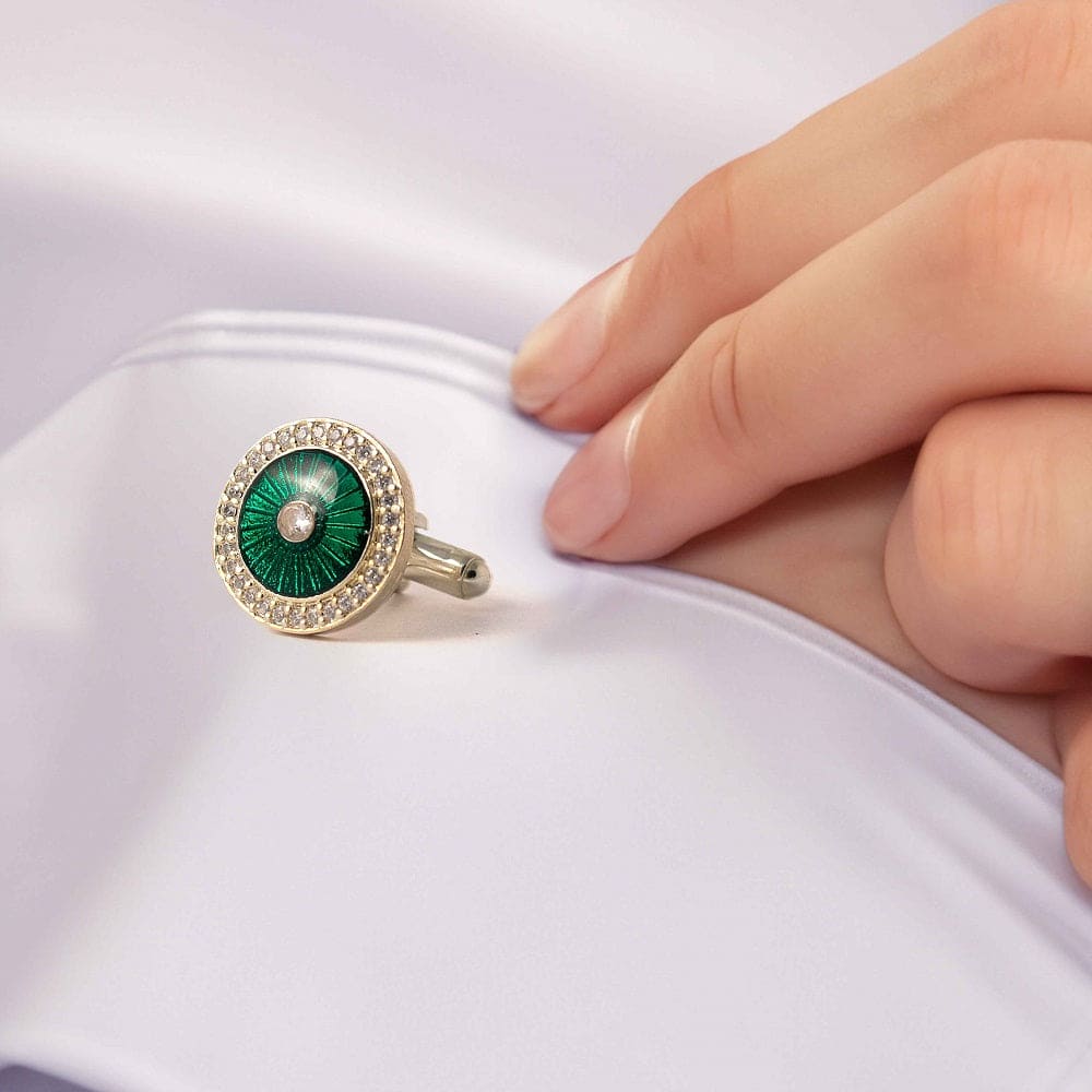 Handcrafted Green Guilloche Silver Cufflinks For Men | Green Cufflinks For Blazer & Coat | JRT Handicrafts