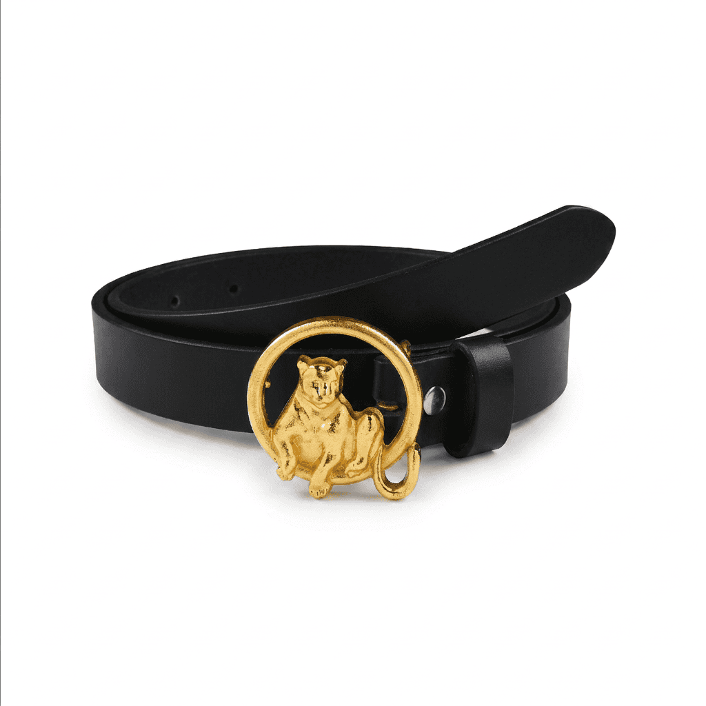 Slim Leather Belt with Gold Plated Leopard Tree Bark Ring Buckle