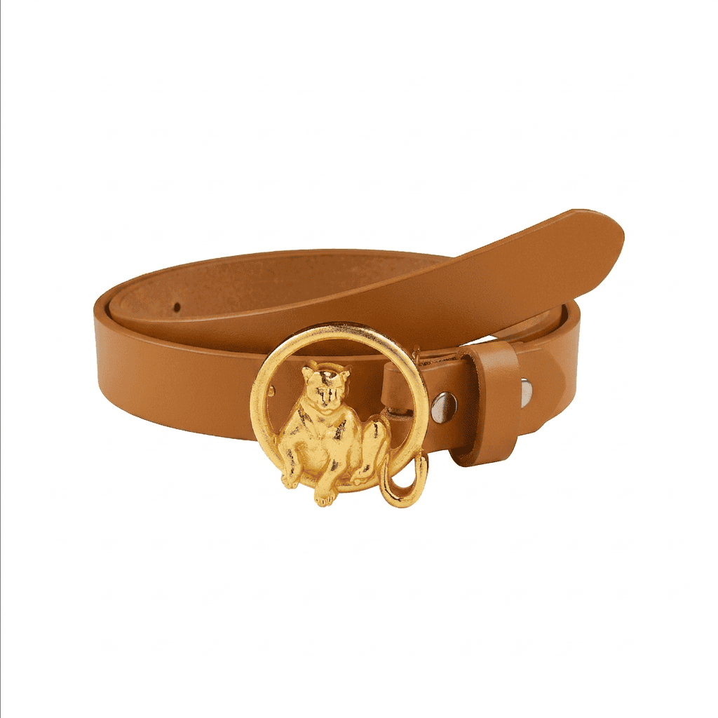 Slim Leather Belt with Gold Plated Leopard Tree Bark Ring Buckle