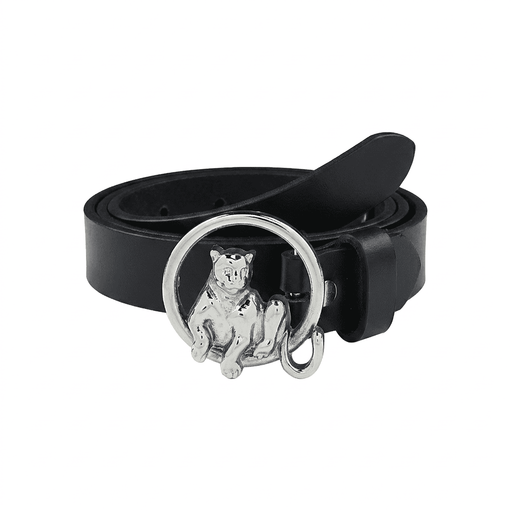 Slim Leather Belt with Silver Plated Leopard Tree Bark Ring Buckle