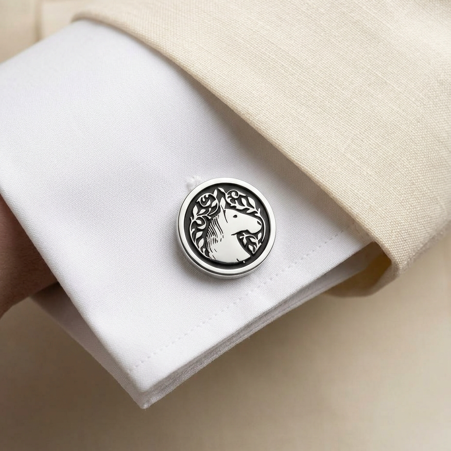 Silver cufflink with a horse design on a white shirt cuff.