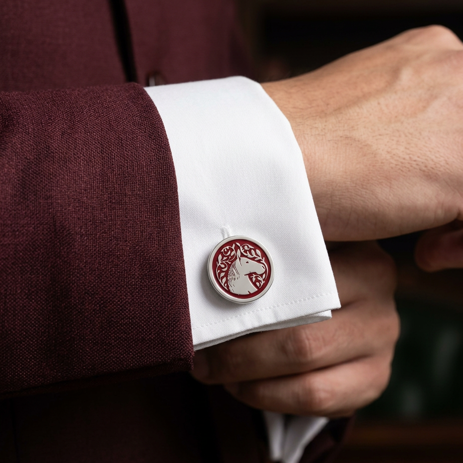 Royal Marwari Horse Red Enamel Silver Plated Cufflinks