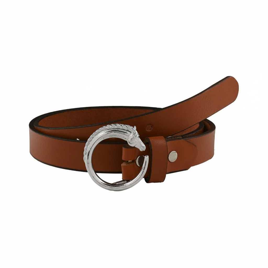 Equestrian Leather Belt with Horse Head Round Silver Plated Buckle
