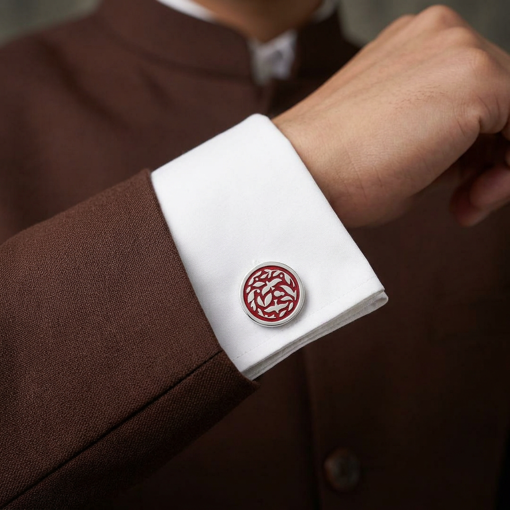 Jodhpur Heritage Avian Red Enamel Silver Plated Cufflinks