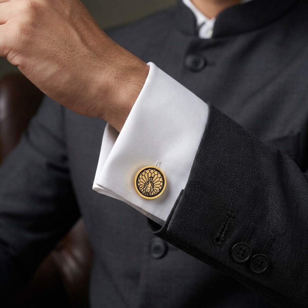 Majestic Indian Peacock Black Enamel Gold Plated Cufflinks