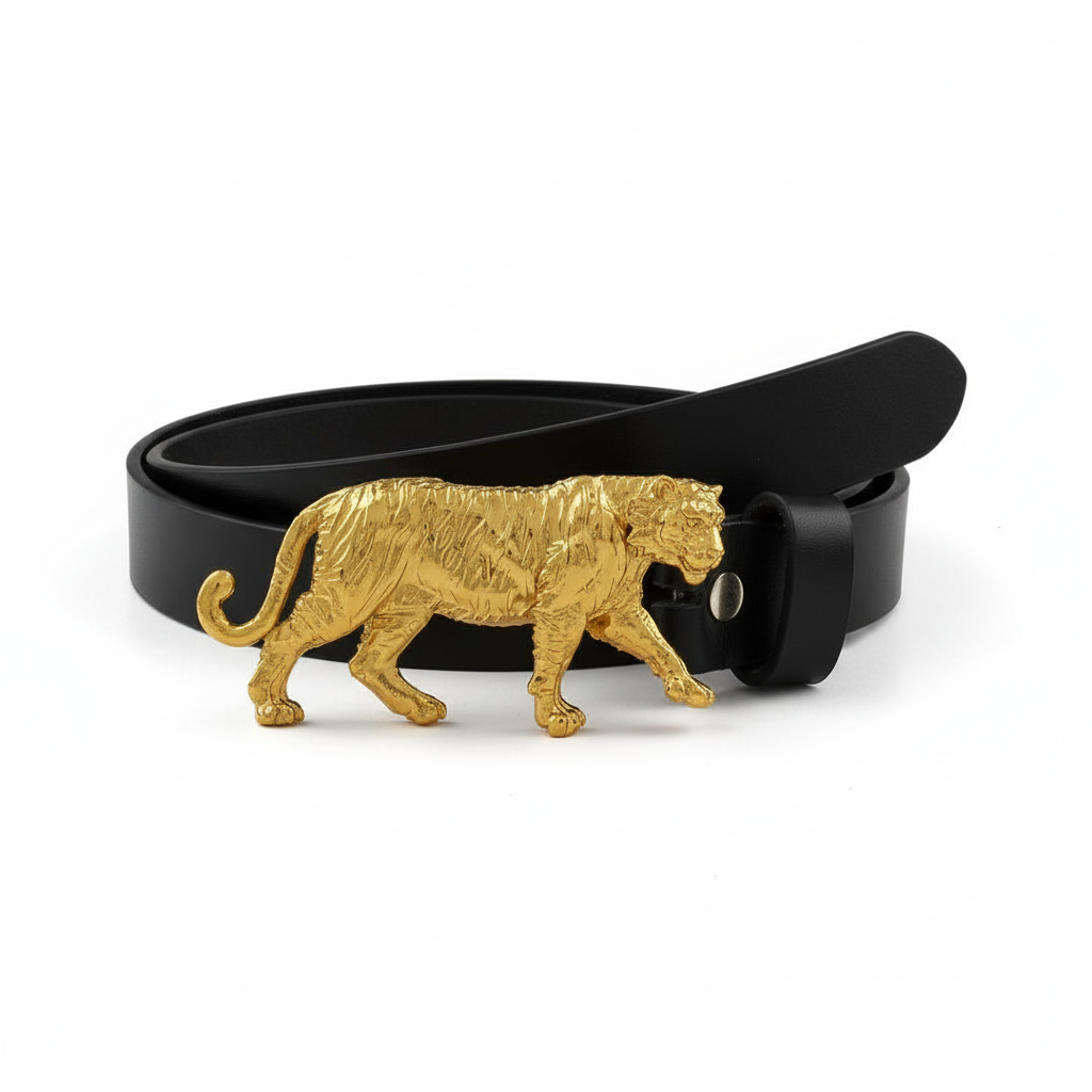 Handcrafted Tiger Motif Gold Plated Leather Belt