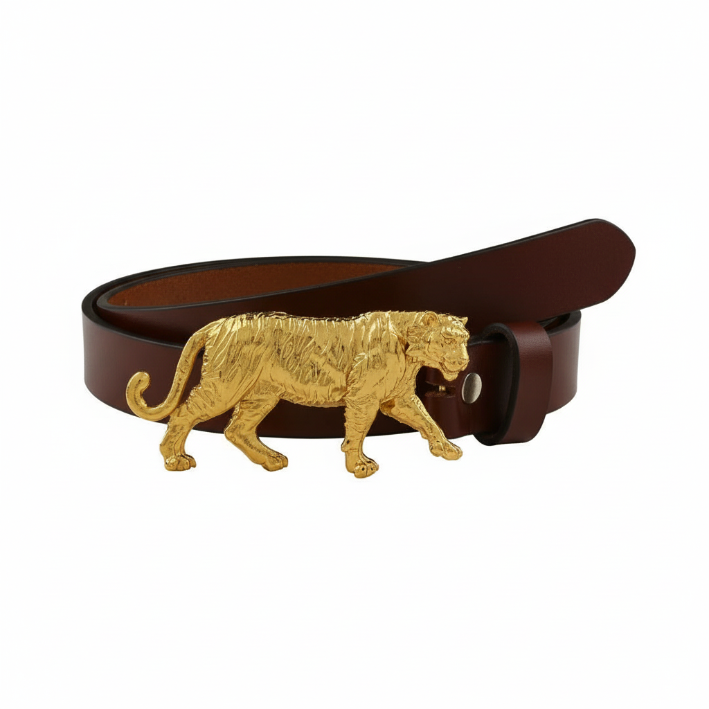 Handcrafted Tiger Motif Gold Plated Leather Belt