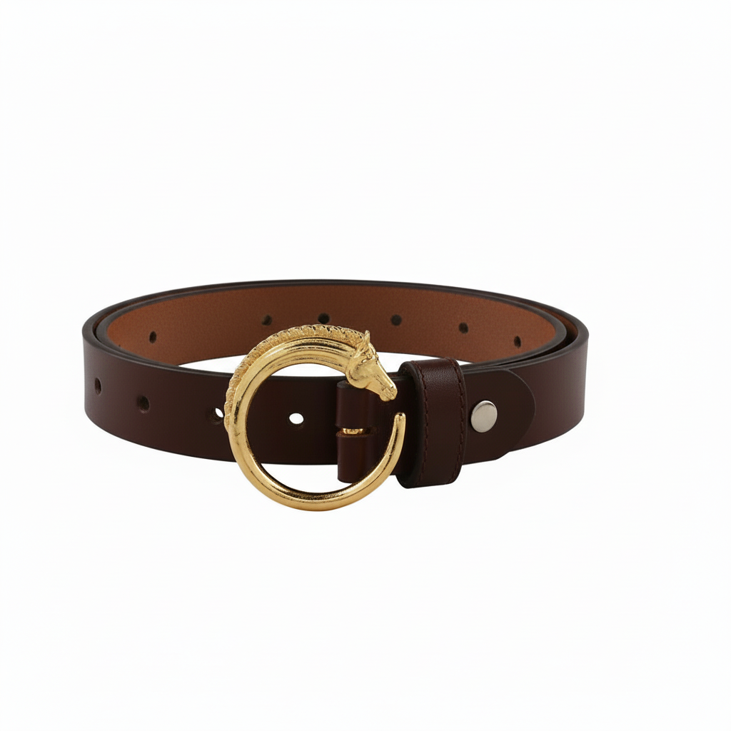 Equestrian Leather Belt with Horse Head Round Gold Plated Buckle