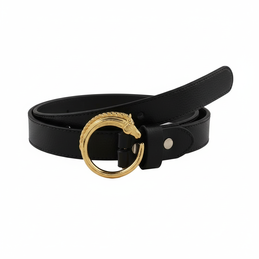 Equestrian Leather Belt with Horse Head Round Gold Plated Buckle