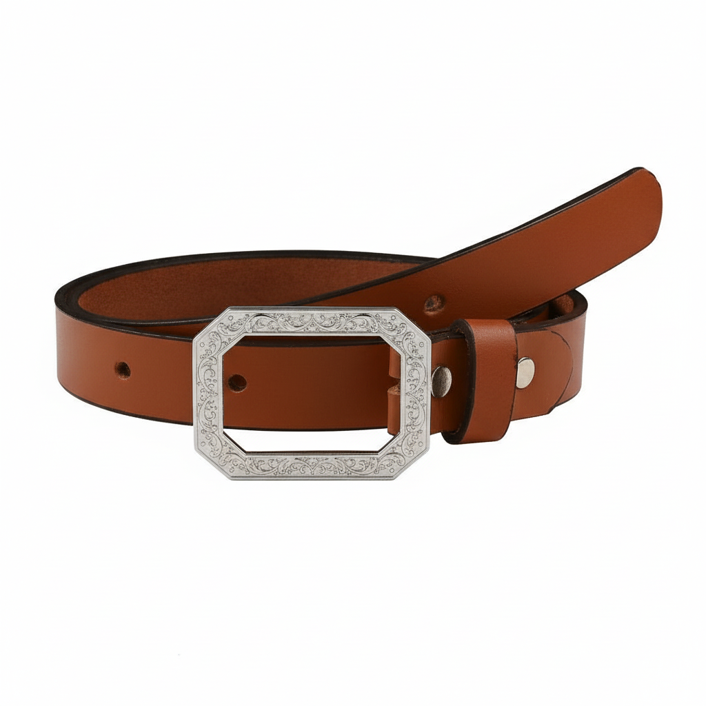 Handcarafted Ornate Frame Silver Plated Buckle with Leather Belt