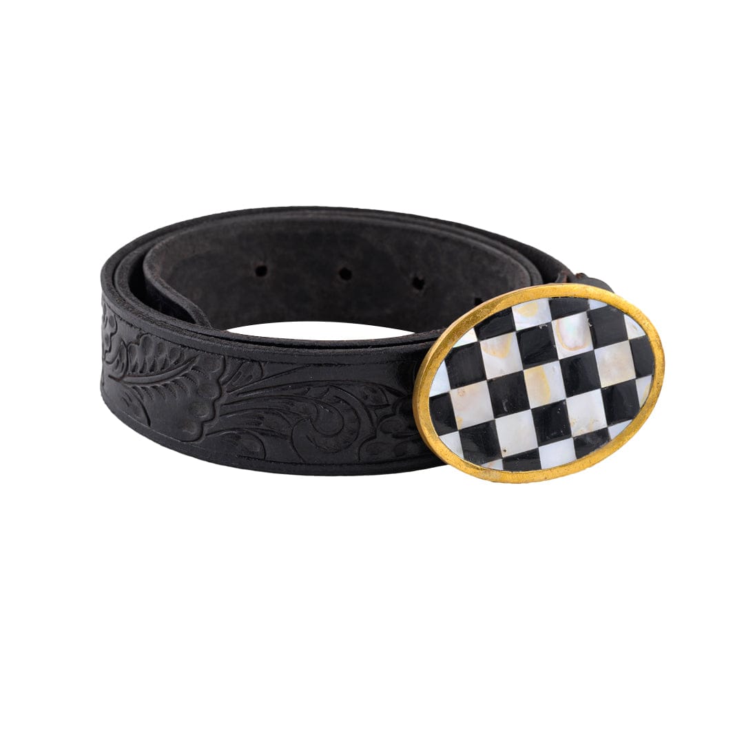 Handcrafted Checkered Mother of Pearl Inlay Belt | black leather belt | JRT Handicrafts