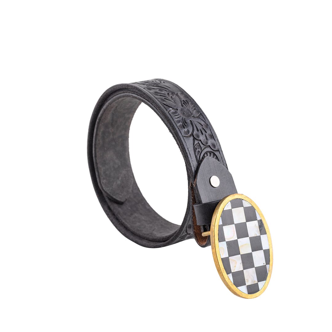 Handcrafted Checkered Mother of Pearl Inlay Belt | mens black belt | JRT Handicrafts