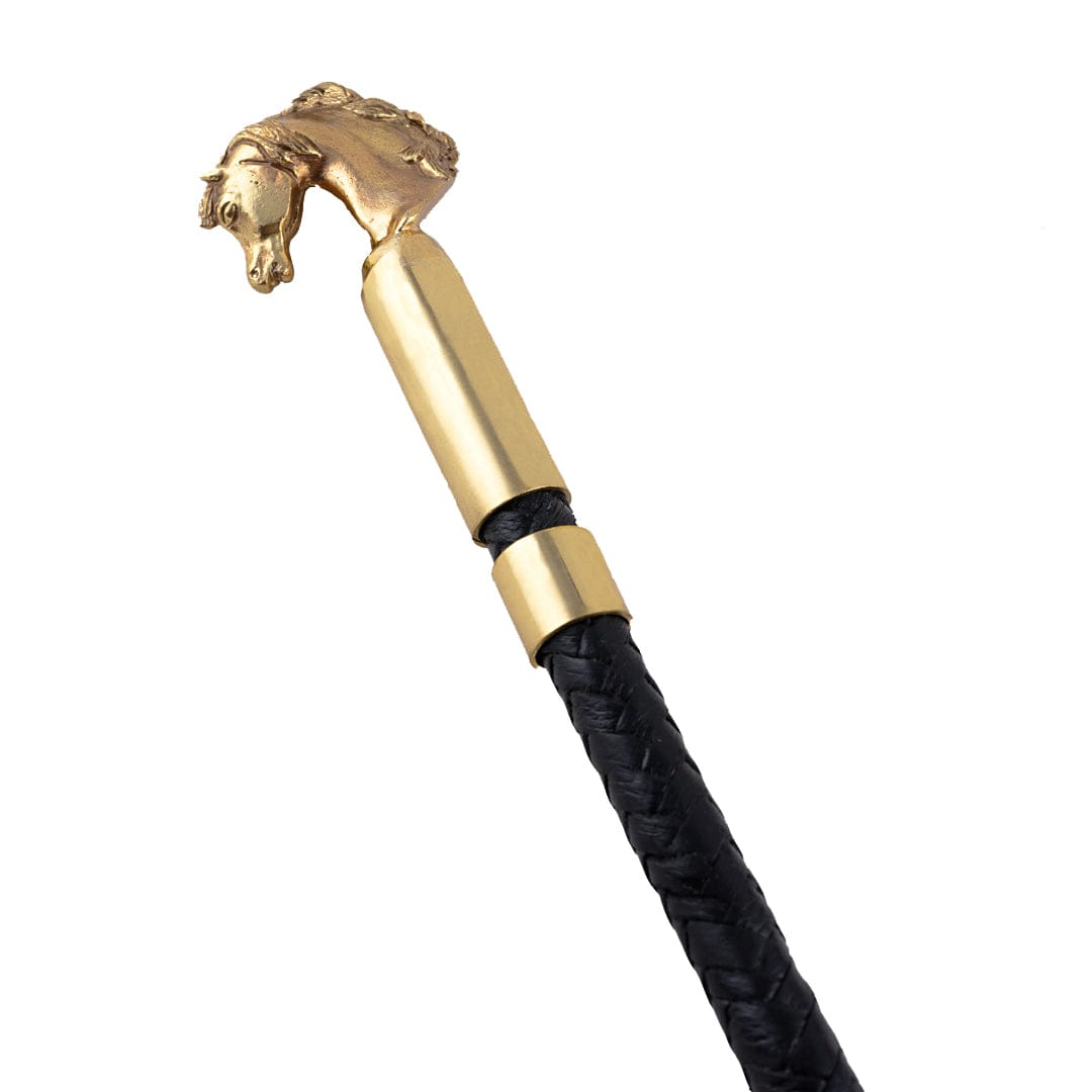 Brass Metallic Stallion Head Leather Horse Whip Stick