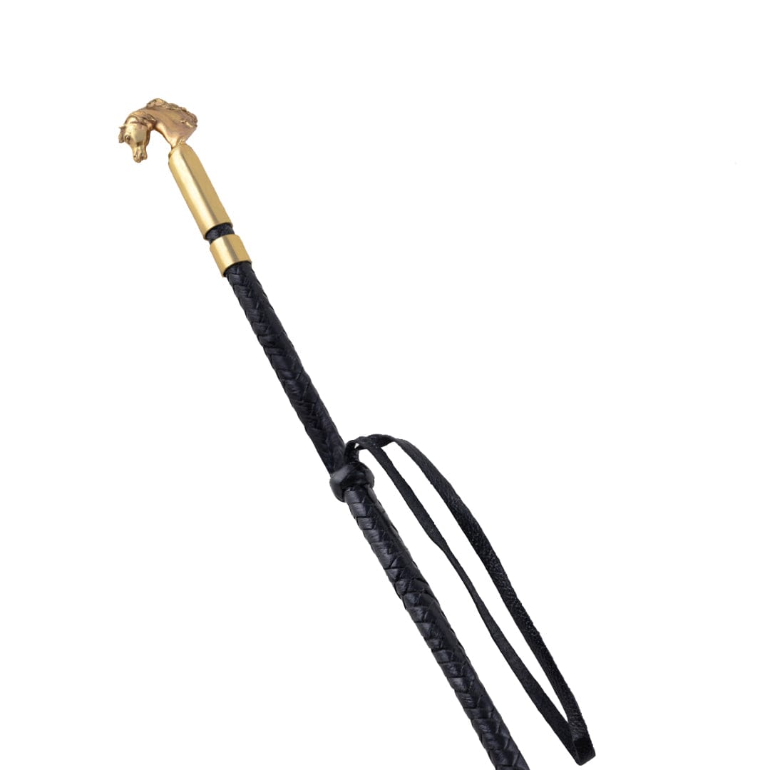 Brass Metallic Stallion Head Leather Horse Whip Stick