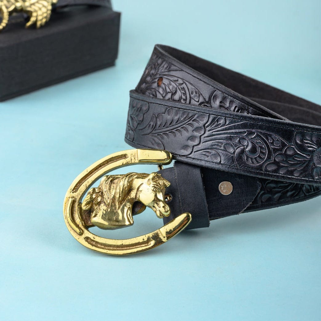 Handcrafted Brass Metallic Stallion Head & Horseshoe Buckle with a genuine leather belt | JRT Handicrafts