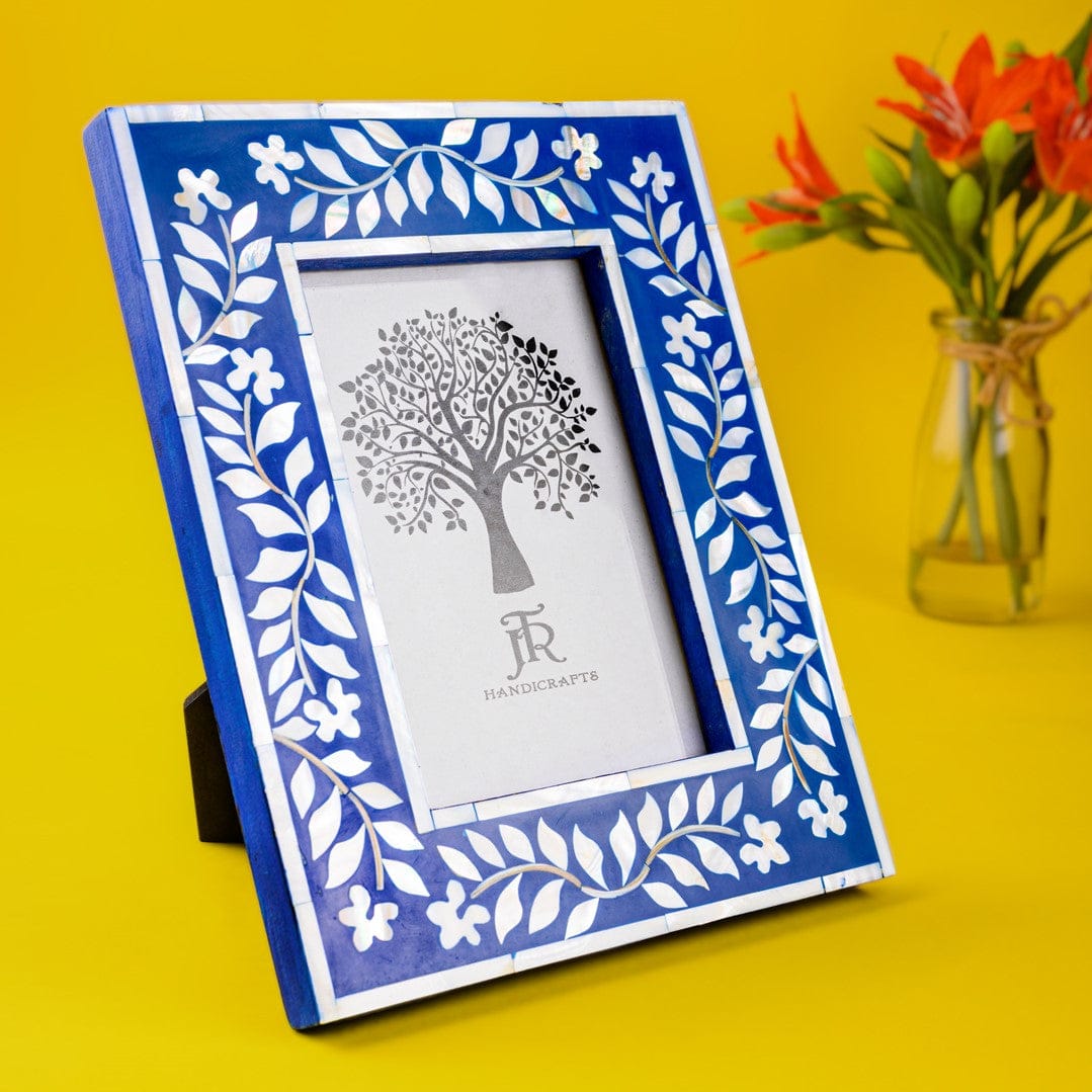 Jodhpur Mother of Pearl Picture Frame - Blue | blue photo frame stand for home wall decor | handcrafted table photo frames | JRT Handicrafts