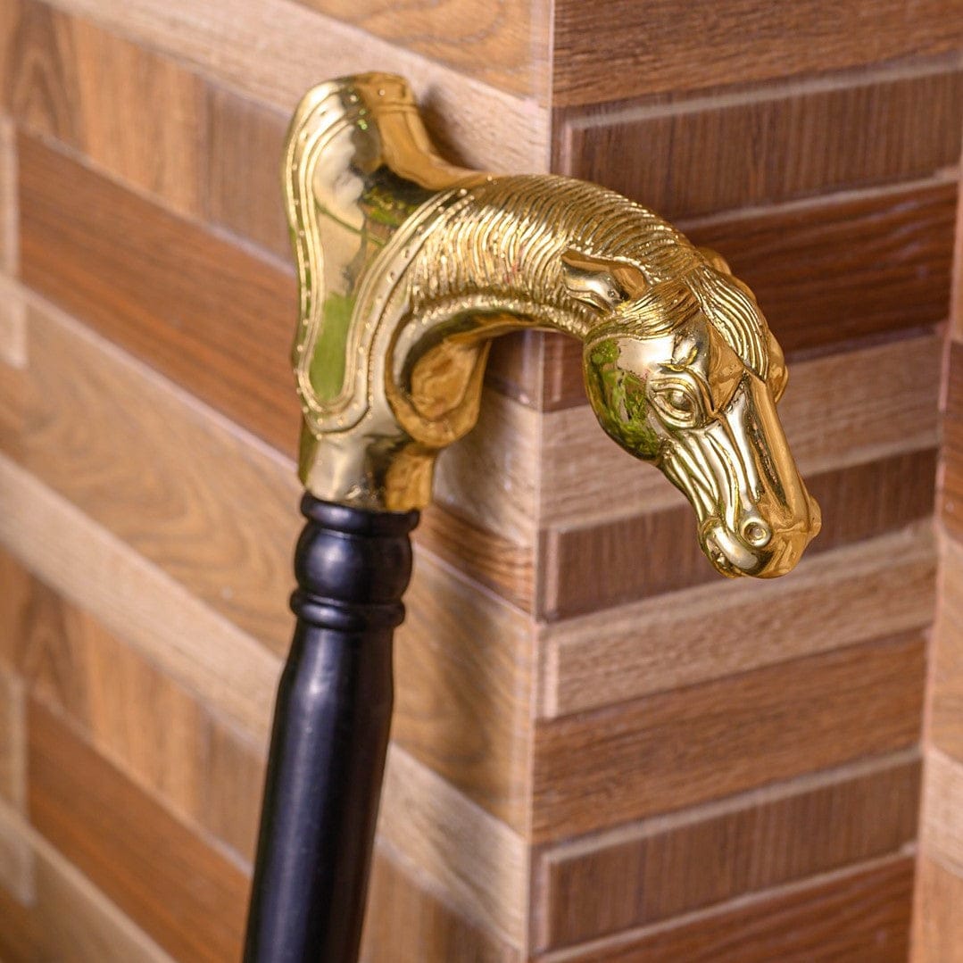 Galloping Stallion Handcrafted Teak Wood Walking Stick with Brass Handle